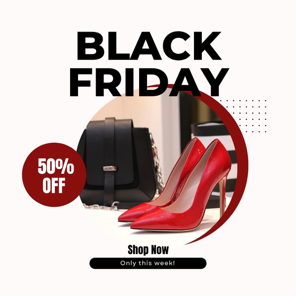 high heels, pumps, dress shoes, heeled shoes, women's heels, sale promotion, limited time deal, modern typography, bold, energetic, red, black, neutral, black friday